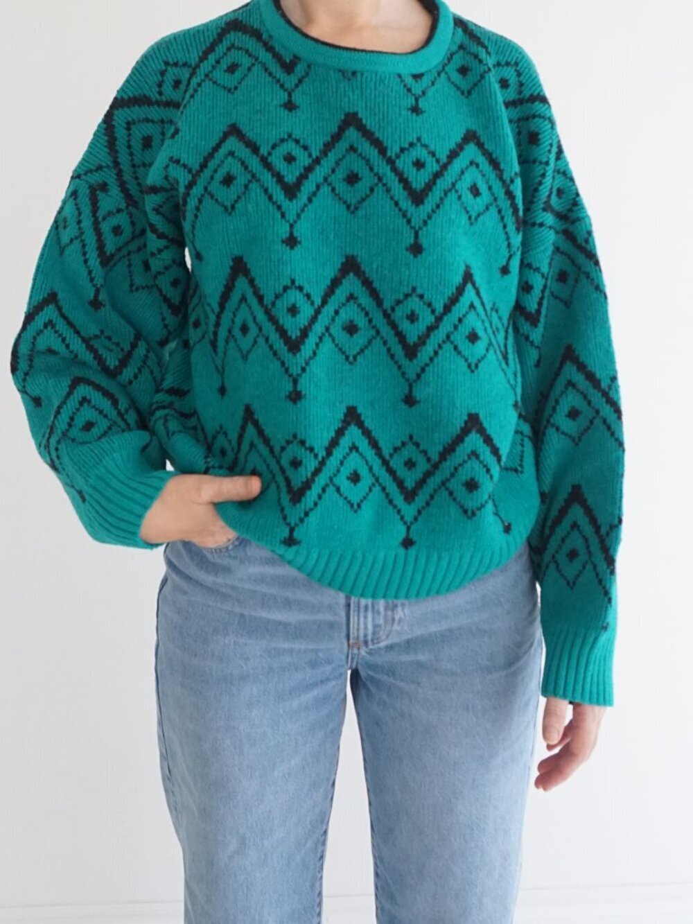 Vintage North Country Green Black Geometric Diamond Zig Zag Pattern Sweater M